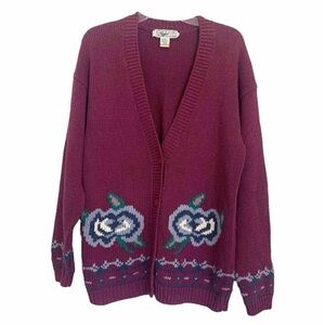 Gina Peters Vintage 1980s Sweater Floral Cardigan Magenta Pink Knit Medium